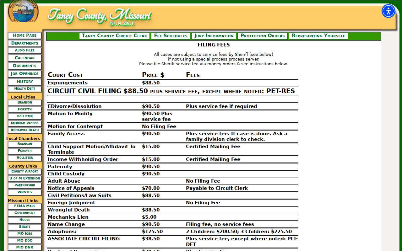 Taney County civil court docket filing fee categories