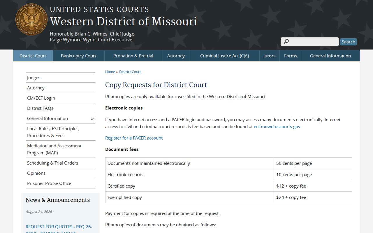 Taney County court records source showing federal court copy request information